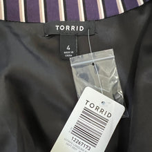 Load image into Gallery viewer, Torrid Purple Studio Crepe Boyfriend Blazer longline pinstripe pattern size 4