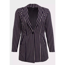 Load image into Gallery viewer, Torrid Purple Studio Crepe Boyfriend Blazer longline pinstripe pattern size 4
