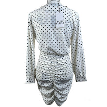 Load image into Gallery viewer, Zara White Black Polka Dot Mini Dress Ruched Draped Size bodycon pin up size S