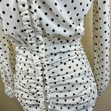 Load image into Gallery viewer, Zara White Black Polka Dot Mini Dress Ruched Draped Size bodycon pin up size S