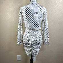 Load image into Gallery viewer, Zara White Black Polka Dot Mini Dress Ruched Draped Size bodycon pin up size S