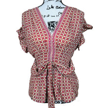 Load image into Gallery viewer, Max Studio red top geometric flutter sleeve smock waist front tie size XS
