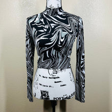 Load image into Gallery viewer, Bar III black crop top swirl print mock neck long sleeve wrap around tie size S