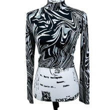 Load image into Gallery viewer, Bar III black crop top swirl print mock neck long sleeve wrap around tie size S
