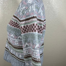 Load image into Gallery viewer, Pink Rose heather gray sweater pink geometric plaid V neck long sleeve size M