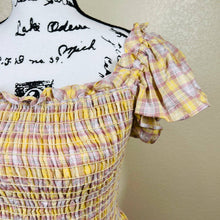 Load image into Gallery viewer, Max Studio yellow top smocked peplum flutter sleeve size L