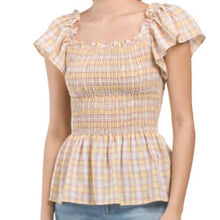Load image into Gallery viewer, Max Studio yellow top smocked peplum flutter sleeve size L