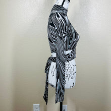 Load image into Gallery viewer, Bar III black crop top swirl print mock neck long sleeve wrap around tie size S