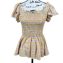 Load image into Gallery viewer, Max Studio yellow top smocked peplum flutter sleeve size L