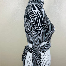 Load image into Gallery viewer, Bar III black crop top swirl print mock neck long sleeve wrap around tie size S