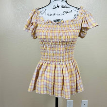 Load image into Gallery viewer, Max Studio yellow top smocked peplum flutter sleeve size L
