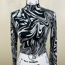 Load image into Gallery viewer, Bar III black crop top swirl print mock neck long sleeve wrap around tie size S