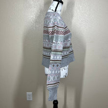 Load image into Gallery viewer, Pink Rose heather gray sweater pink geometric plaid V neck long sleeve size M