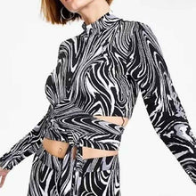 Load image into Gallery viewer, Bar III black crop top swirl print mock neck long sleeve wrap around tie size S