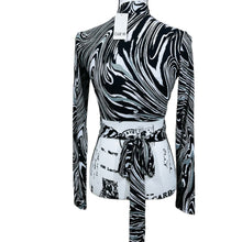 Load image into Gallery viewer, Bar III black crop top swirl print mock neck long sleeve wrap around tie size S