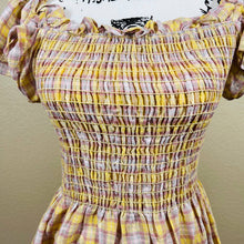 Load image into Gallery viewer, Max Studio yellow top smocked peplum flutter sleeve size L