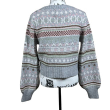 Load image into Gallery viewer, Pink Rose heather gray sweater pink geometric plaid V neck long sleeve size M