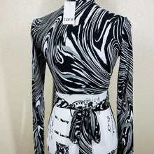 Load image into Gallery viewer, Bar III black crop top swirl print mock neck long sleeve wrap around tie size S