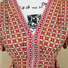 Load image into Gallery viewer, Max Studio red top geometric flutter sleeve smock waist front tie size XS