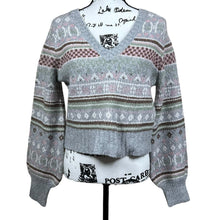 Load image into Gallery viewer, Pink Rose heather gray sweater pink geometric plaid V neck long sleeve size M
