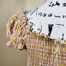 Load image into Gallery viewer, Max Studio yellow top smocked peplum flutter sleeve size L