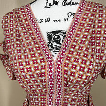 Load image into Gallery viewer, Max Studio red top geometric flutter sleeve smock waist front tie size XS