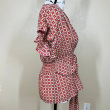 Load image into Gallery viewer, Max Studio red top geometric flutter sleeve smock waist front tie size XS