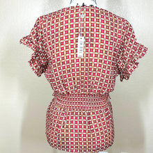 Load image into Gallery viewer, Max Studio red top geometric flutter sleeve smock waist front tie size XS