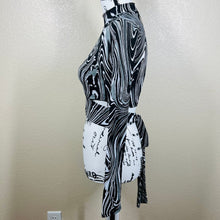 Load image into Gallery viewer, Bar III black crop top swirl print mock neck long sleeve wrap around tie size S