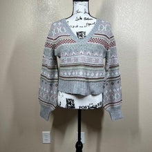 Load image into Gallery viewer, Pink Rose heather gray sweater pink geometric plaid V neck long sleeve size M