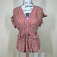 Load image into Gallery viewer, Max Studio red top geometric flutter sleeve smock waist front tie size XS