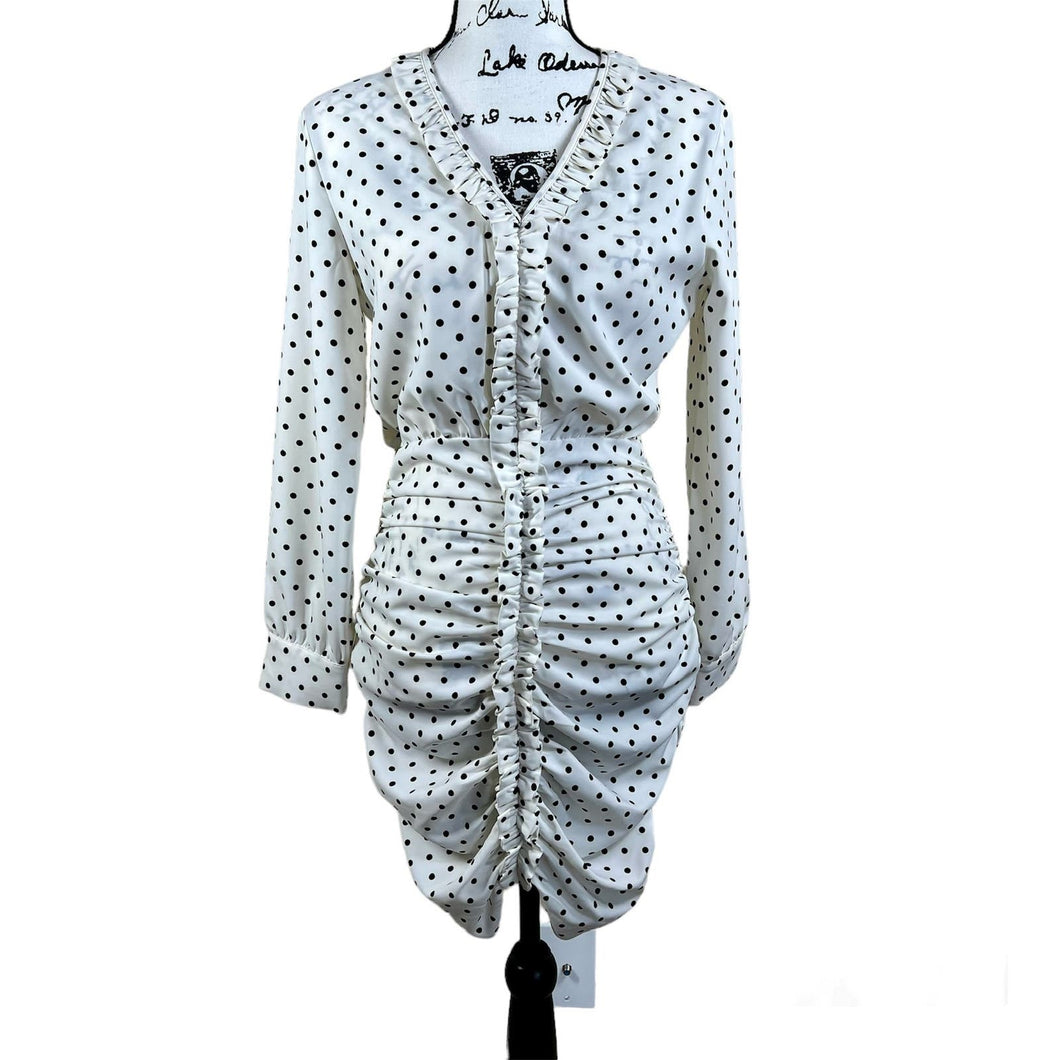 Zara White Black Polka Dot Mini Dress Ruched Draped Size bodycon pin up size S