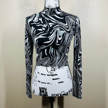 Load image into Gallery viewer, Bar III black crop top swirl print mock neck long sleeve wrap around tie size S
