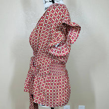 Load image into Gallery viewer, Max Studio red top  geometric flutter sleeve smock waist  front tie size XS

