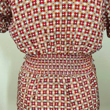 Load image into Gallery viewer, Max Studio red top  geometric flutter sleeve smock waist  front tie size XS
