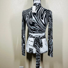 Load image into Gallery viewer, Bar III black crop top swirl print mock neck long sleeve wrap around tie size S
