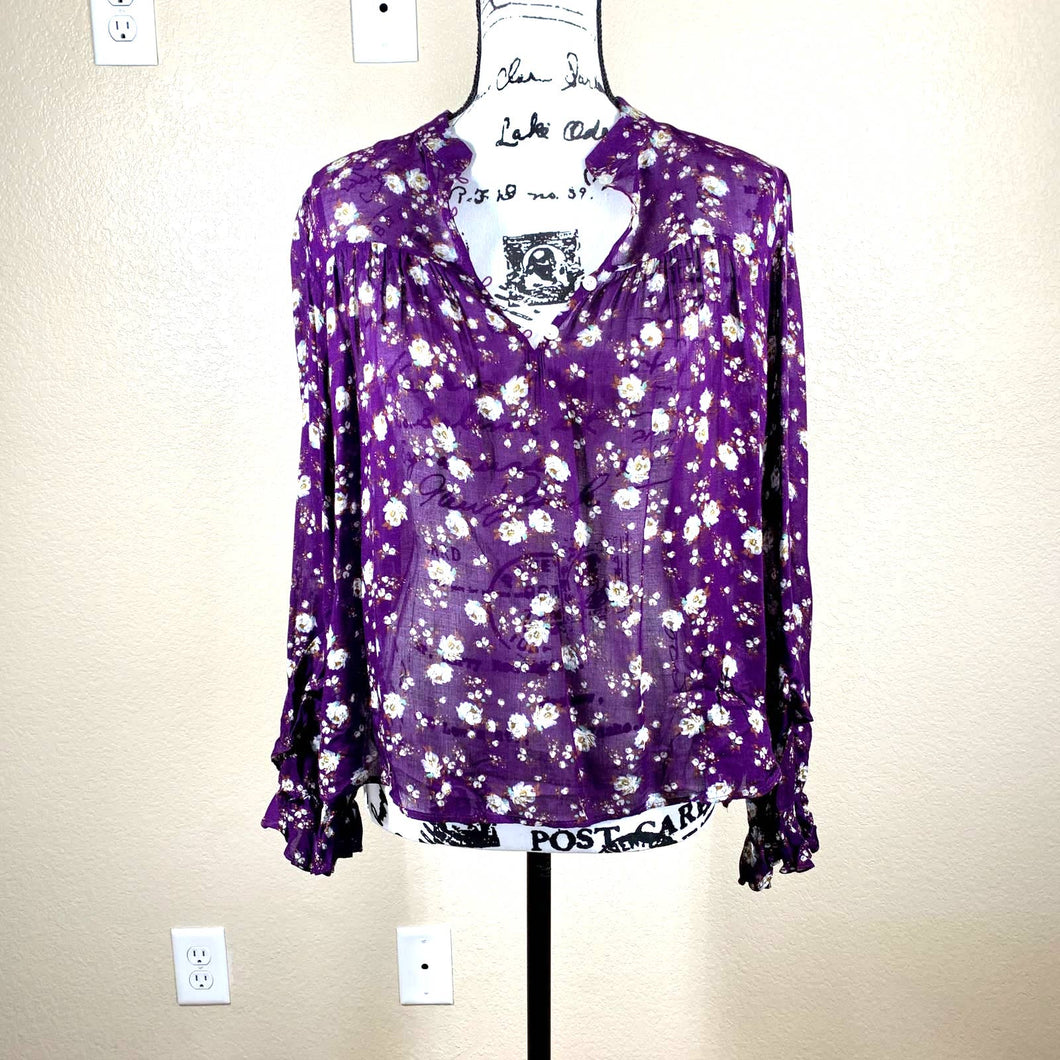 Women Top Zara Purple Floral Print Gauze Long Sleeve Top Size S
