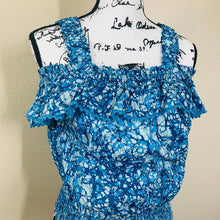 Load image into Gallery viewer, House of Harlow 1960 women top blue floral off shoulder top
